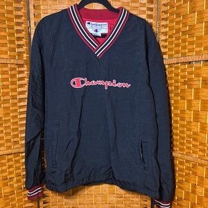 Vintage Champion Black V-Neck Pullover Jacket w/ Red Trim